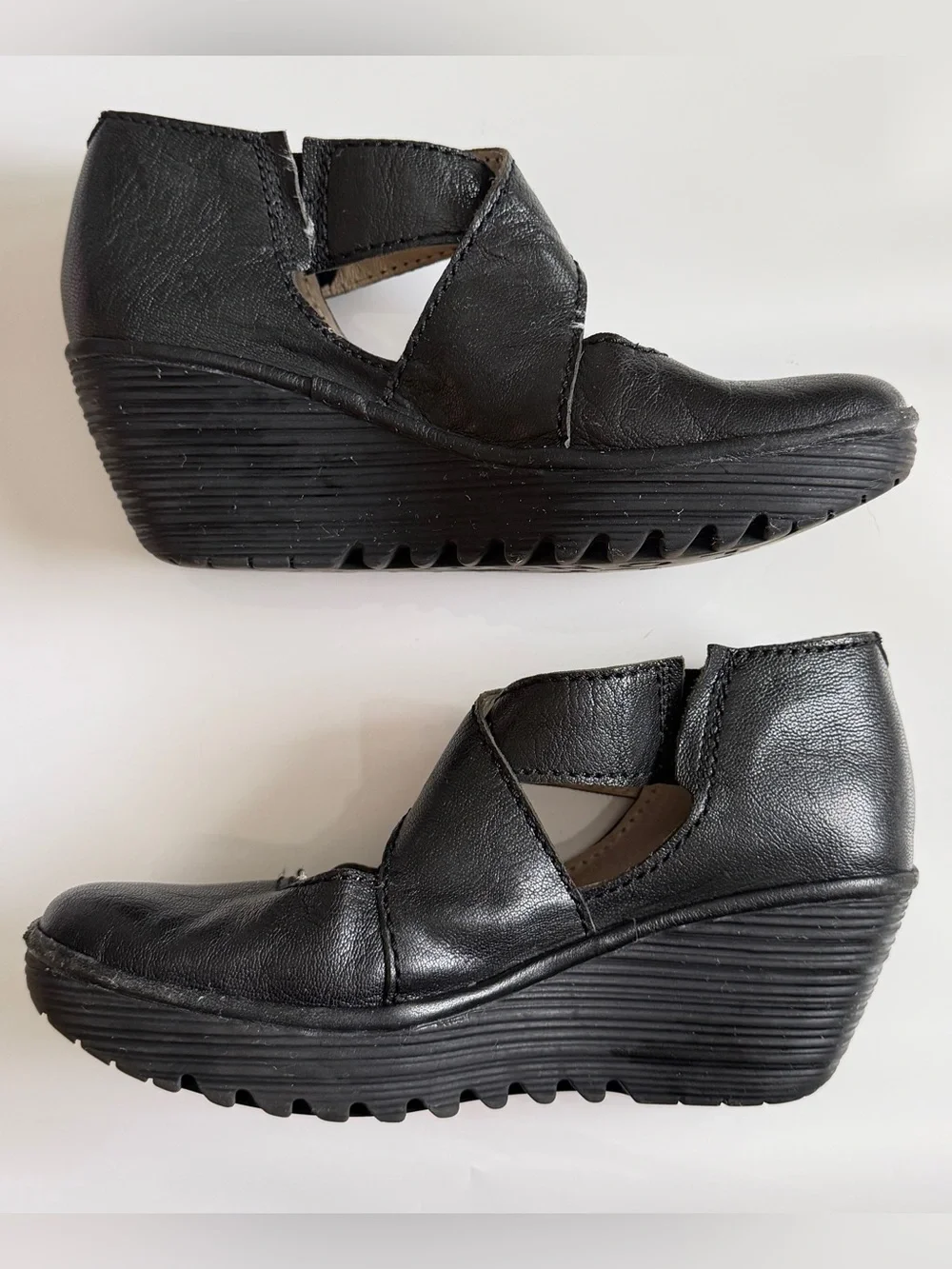 Fly London Black Leather Wedge Mary Jane Sandals
